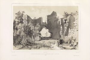  A black-and-white lithograph by Auguste Etienne François Mayer titled "Kirkeruin på Tautra i Trondheimsfjorden," portraying the ruins of a church with a prominent archway at its center, surrounded by crumbling walls and overgrown foliage. A figure leading a horse is visible to the right, adding a sense of scale and life to the scene. The artwork's serene and detailed monochromatic depiction captures the texture and atmosphere of