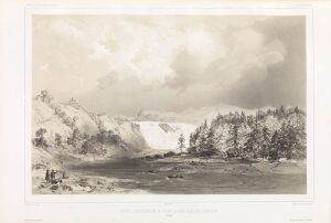  Monochrome lithograph of "Øvre Leirfoss ved Trondheim" by Auguste Etienne François Mayer showcasing a river or stream in the foreground, dense foliage on the banks, a prominent waterfall at the center, and mountains in the background under a cloudy sky.