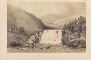  "Nedre Leirfoss ved Trondheim," a lithograph on paper by Auguste Etienne François Mayer depicting a cascading waterfall at the center, flanked by gently sloping hills and distant mountains, executed in a monochromatic palette of grays, conveying tranquility and the grandeur of nature.