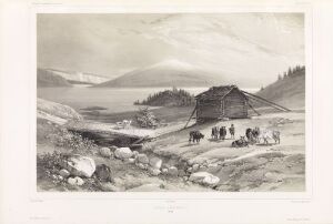  "Hytte ved Hildringen" by Auguste Etienne François Mayer is a black and white lithograph on paper that features a rustic cabin and a group of people in a mountainous landscape with a large body of water in the background. The fine details and shades of gray convey a serene Nordic terrain scene in the 19th century.