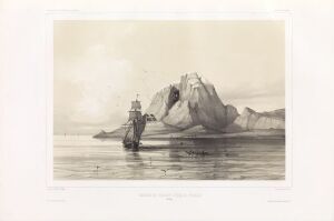  "Torghatten" by Auguste Etienne François Mayer, a monochromatic lithograph depicting Torghatten mountain with its unique hole, a sailing ship on calm waters to the left, under a soft, overcast sky, conveying a sense of peacefulness in a maritime landscape.