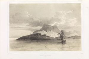  A lithograph by Auguste Etienne François Mayer titled "Skrova i Lofoten," depicting a sailing ship on calm waters with rugged terrain and a cloudy sky in the background, all rendered in various shades of gray.