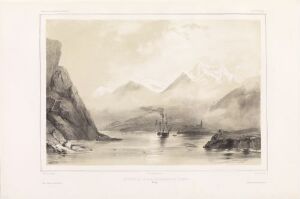  A vintage lithograph titled "Innseilingen til Kåfjord" by Auguste Etienne François Mayer, depicting a calm fjord with a sailing ship surrounded by steep rocks and towering mountains, all rendered in sepia tones, creating a timeless and tranquil maritime scene.