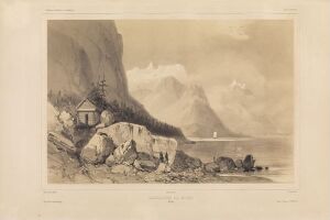  "Kjerringfjord" by Auguste Etienne François Mayer, a sepia-toned lithograph showcasing a traditional wooden cabin on a rocky shore in the foreground, with calm fjord waters and a sailboat in the middle ground, set against towering cloud-covered mountains in the background.