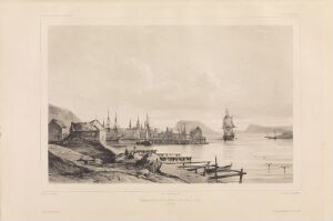  "Hammerfest sett fra øst," a black-and-white lithograph by Auguste Etienne François Mayer, depicting a calm maritime scene of the Hammerfest town shoreline with detailed ships in the harbor and a wide, open sky.