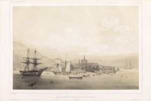  Sepia-toned lithograph titled "Havnen i Hammerfest" by Barthélémy Lauvergne depicting a serene 19th-century harbor scene with a three-masted ship on the left and smaller boats centered and to the right, set against a backdrop of a densely built coastal town with a prominent church spire and rolling hills in the distance.