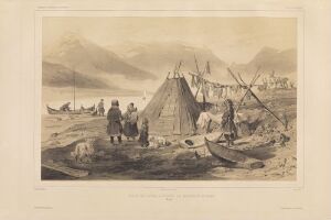  "Sommertelt på Magerøya," a lithograph on paper by Auguste Etienne François Mayer, representing a conical tent and figures near a shoreline with a canoe, amidst a monochromatic sepia-tone backdrop of calm waters and distant mountains.