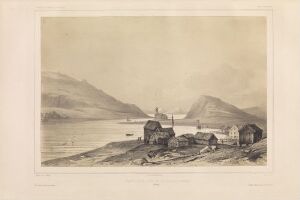  "Havøysund" by Auguste Etienne François Mayer is a lithograph depicting a tranquil coastal scene with sepia tones. The foreground shows rocky shores with wooden buildings, a beached boat, and two ships in the distant gentle waters, all set against a backdrop of layered misty mountains under a light sky.