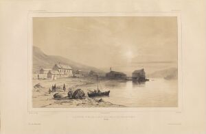  "Ulichs bolig i Havøysund" - a sepia-toned lithograph by Barthélémy Lauvergne, featuring a serene maritime scene with rowboats in the foreground, a quaint settlement, and soft light reflecting off the water.