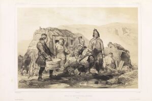  A lithograph on paper by Sébastien-Charles Giraud titled "Norsk samefamilie, Finnmark," depicting a Sámi family in a natural landscape characterized by subdued earth tones. The central figure is a seated woman in traditional attire, surrounded by five other family members, some seated and some standing with everyday objects, conveying a sense of daily life and cultural heritage.