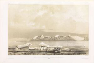  "Bellsund ved ankomst den 24. juli 1838" by Auguste Etienne François Mayer portrays a peaceful Arctic seascape with small icebergs floating in calm waters, distant snowy mountains rendered in shades of gray under a subtle sky, capturing the essence of the Arctic's stillness and natural beauty on a lithograph print.