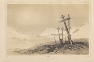  "Første panorama over Bellsund" by Auguste Etienne François Mayer is a lithograph on paper featuring a sepia-toned Arctic landscape with a tilted wooden cross and stone markers in the foreground, suggesting a grave site. In the background, figures or markers dot the plain leading to distant, snowy mountains beneath a hazy sky.