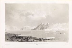  Lithographic print titled "Tredje panorama over Bellsund den 4. august 1838" by Auguste Etienne François Mayer, featuring an Arctic landscape with rocky foreground, calm water with icebergs in the middle ground, and dramatic snow-covered mountains in the background, rendered in a monochromatic palette of grays.