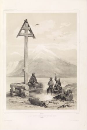  "Russerkors ved Bellsund" by Auguste Etienne François Mayer, a peaceful lithograph on paper depicting a group of people gathered by a fire near a large wooden cross, with mist-enshrouded mountains in the background, in a palette of soft grays and earth tones.