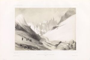  "Isbre øst-sørøst for Bellsund," a monochromatic lithograph by Auguste Etienne François Mayer, displaying a historical glacier scene with a small group of explorers set against a vast, textured ice field, rendered in various shades of gray to portray the grandeur and desolate nature of the icy landscape.
