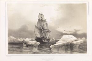  Black and white lithograph on paper titled "Korvetten 'La Recherche'" by Auguste Etienne François Mayer, depicting the corvette "La Recherche" sailing among icebergs under an overcast sky, illustrating a serene maritime scene in a monochromatic palette of grays.