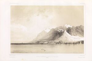  "Første panorama over Madeleinebukta" by Barthélémy Lauvergne is a lithography on paper showcasing a tranquil panoramic view of a calm body of water in the foreground with majestic mountain ranges in the background under a softly shaded sky, using a subdued palette of grays, browns, and earthy tones.