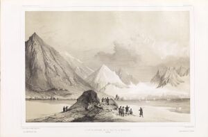  "Tredje panorama over Madeleinebukta" by Barthélémy Lauvergne, a grayscale lithograph depicting a serene arctic landscape with a group of figures on the shore in the foreground, a dramatic range of steep, snow-capped mountains occupying the middle ground, and a vast, open sky above.