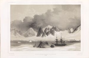  "Fjerde panorama over Madeleinebukta" by Barthélémy Lauvergne, a monochromatic lithograph on paper featuring an Arctic seascape with a sailing ship anchored near snow-capped mountains under a dramatic cloudy sky.