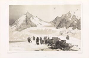  "Femte panorama over Madeleinebukta" by Barthélémy Lauvergne, a grayscale lithograph on paper showing a group of 19th-century explorers in arctic gear approaching or leaving a rocky area with sleds amid a background of towering, snow-capped mountains under a light gray sky.