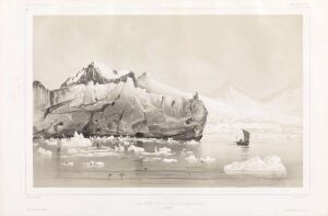  A lithograph print by Barthélémy Lauvergne titled "Fra Madeleinebukta," depicting a large iceberg with varying shades of white and gray, small ice floes, a single-mast sailing boat to the right, and distant mountains in an arctic setting.