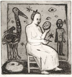  A black and white etching by Lena Cronqvist titled "Rummet," depicting a woman seated on a chair holding a circular object, with a bird resembling a stork on her left and a smaller male figure on her right, all against a background with star-like shapes and an eye symbol within a room.