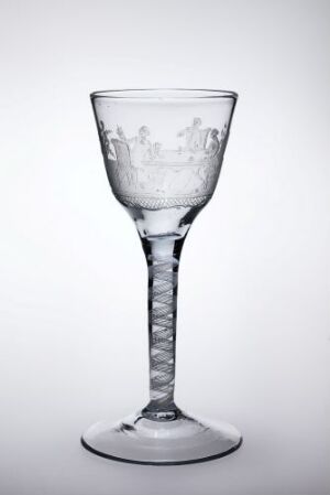  A clear, engraved glass wine goblet with intricate patterns on the bowl and a twisted stem design, placed against a white background, artwork by Villas Hansen Vinter with an unknown title.