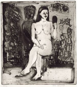  Monochromatic print titled "Anna själv tredje" by Lena Cronqvist, depicting a candid frontal portrait of a seated, partially undressed female figure holding a mirror, with a second figure and childlike drawings in the background, rendered in etching and drypoint techniques on paper.