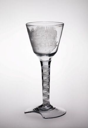  A clear glass goblet with a conical bowl, a twisted helical stem, and an elongated hexagonal base, displayed against a light gray to white gradient background.