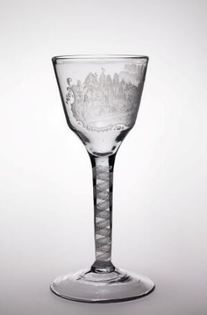  A clear glass goblet with an etched cityscape design on the bowl and a twisted pattern on the stem stands against a light grey background. The neutral palette suggests the transparency and delicacy of the glass material. Artist name and title are unknown.