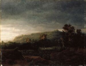  "A Forest" by Lars Hertervig is an oil painting on canvas depicting a serene forest scene with a moody color palette featuring dark earthy tones in the foreground, muted greens with touches of yellow and orange in the trees, and a softly illuminated sky at the background, evoking a sense of solitude and natural beauty.