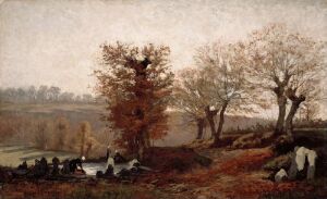  A pastoral oil painting on canvas by Kitty Kielland depicts an autumnal scene with bare-branched trees, a reflective body of water, and figures doing laundry by the water’s edge, all rendered in a muted palette of earth tones and soft blues and grays.