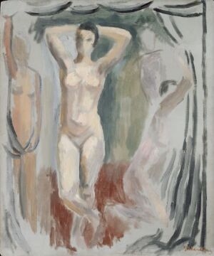  Oil painting "Sketch for 'Inside the Tent'" by Jean Heiberg, displaying an ethereal female figure in the center with arms overhead against a muted tent backdrop, flanked by two softer, less defined human outlines, all rendered in a subdued palette of grays, off-whites, and pale flesh tones.