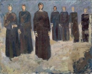 
 An oil painting on canvas by Erling Enger, depicting seven shadowy figures in dark robes, the central figure slightly more detailed, all set against a muted background of grays and light blues suggesting an overcast sky.