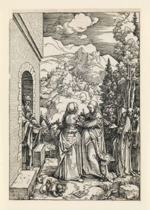  A woodcut titled "The Visitation (The Life of the Virgin)" by Albrecht Dürer, depicting Mary and Elizabeth embracing, with Joseph standing to the right, another woman to the left, a detailed Gothic building, and a distant mountain range under a cloudy sky, executed in monochromatic shades created by black ink on paper.