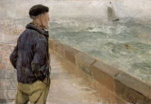 
 Oil painting by Christian Krohg on canvas, showcasing a young man in a side profile looking out at a turbulent sea, with a weathered stone pier in the foreground and a sailboat in the distance. The color palette is subdued with shades of blue, green, brown, and mustard, evoking a reflective and somber mood.
