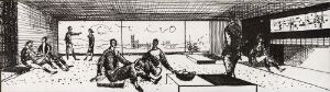  Monochromatic pen on paper drawing by Gunnar S. Gundersen titled "Critical comparison IV" featuring an interior view of a gallery with visitors observing framed artworks, sharp perspective lines, and checkered flooring.
