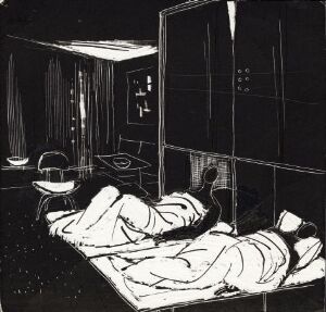  Black and white artwork titled "Flexibility - Planning" by Gunnar S. Gundersen, depicting two people lying in bed with a stark contrast of light and shadow emphasizing the forms of the room, furniture, and architectural features. The image uses scraperboard technique, showcasing a minimalist and modernist style.