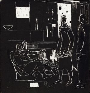  "Livet i Planetveien [2]," a scraperboard image by Gunnar S. Gundersen, depicting a black and white scene with four silhouetted figures in a modern interior with windows and furniture outlined by light scratch marks on a dark background.