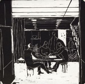  "Livet i Planetveien [3]" by Gunnar S. Gundersen, a high-contrast black-and-white scraperboard artwork showing an interior scene with people sitting and standing around a table filled with papers or books, bordered by detailed decorations such as curtains and framed pictures on the walls.