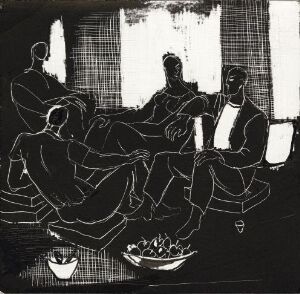  A black and white scraperboard art piece, "Livet i Planetveien [4]" by Gunnar S. Gundersen, featuring a stylized depiction of four seated figures in an interior setting with high contrast between the figures defined in white lines and the black background.