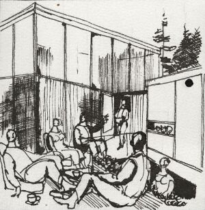 Black and white pen drawing titled "Livet i Planetveien [12]" by Gunnar S. Gundersen, showcasing a modern interior scene with figures engaged in various activities. The artwork captures the essence of mid-century modern architectural design, featuring minimalistic furniture, people in leisurely poses, and a visible connection to the outdoor environment through large transparent planes.