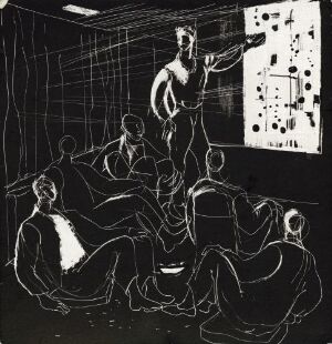  High-contrast black and white scraperboard art by Gunnar S. Gundersen titled "Livet i Planetveien [14]," depicting a central standing woman addressing a group of six seated figures in a room with highlighted edges and contours, with a representation of a window and an artwork on the right-hand wall.
