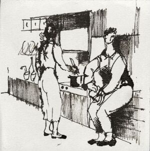  "Livet i Planetveien [20]" by Gunnar S. Gundersen, a black and white pen illustration showcasing two women in a mid-20th century kitchen, one standing and working, the other sitting and engaging, depicted with expressive line art in a minimalistic style.