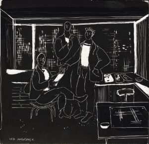  Black and white scraperboard artwork titled "Livet i Planetveien [22] - Ved magasinet" by Gunnar S. Gundersen, depicting an interior scene with three figures, two standing and conversing, one seated and reading, surrounded by the dark lines of furniture and the room's features highlighted by white lines suggesting light sources.
