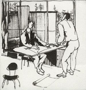  "Livet i Planetveien [23]" by Gunnar S. Gundersen is a black and white pen drawing depicting two figures, one seated and one standing, at a table with papers in an interior space with view of trees through a window in the background, creating a simple yet expressive domestic scene.