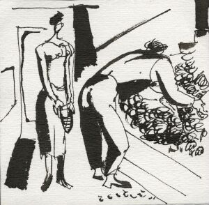  Black and white pen and ink drawing by Gunnar S. Gundersen titled "Livet i Planetveien [26]" depicting two figures, with one standing with a hand on her hip facing the right, and the other bending over actively engaging with the ground, surrounded by abstract lines and shapes.