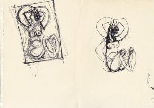  "Two seated female nudes" by Erling Viksjø, a pair of monochromatic pen sketches on paper of female figures within separate rectangular frames, capturing fluid and abstract forms of seated nudes in expressive lines on an off-white background.