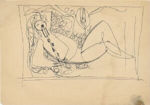  "Liggende fløytespillende figur" by Erling Viksjø, a pen on paper artwork featuring an abstract line drawing of a reclining figure playing the flute, set on faded beige paper with a combination of fluid and geometric lines.