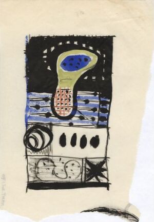  "Study" by Erling Viksjø, an abstract watercolor on tracing paper featuring a top section with a blue and yellow bulb-like shape, a middle section with blue and white horizontal stripes and circular motifs, and a bottom section with black background and white abstract symbols on an off-white paper.